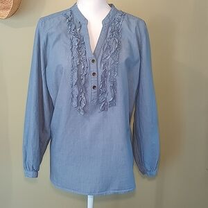 CJ banks Cotton Lightweight Long Sleeve Top Ruffles Preppy Chambray Blue Size 1X